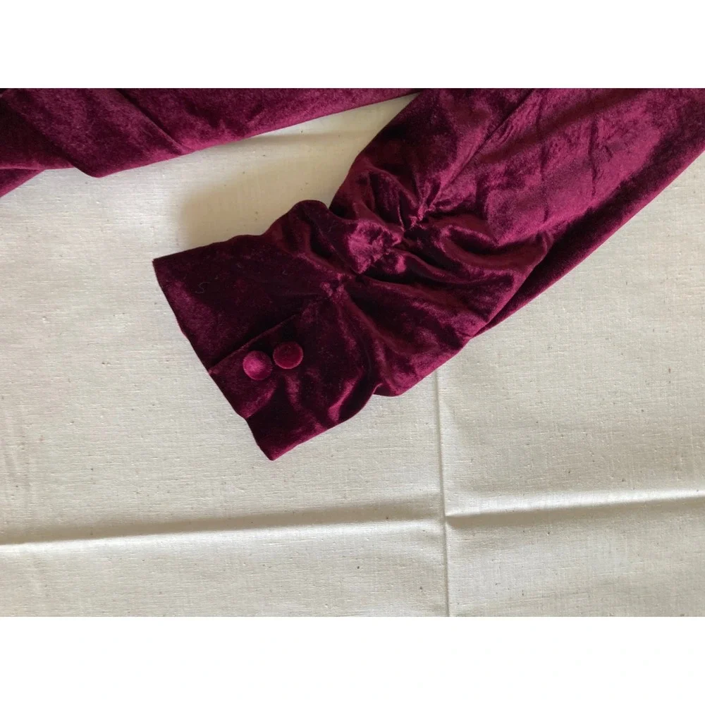 Skies Are Blue Burgundy Velvet Ruched 3/4 Sleeve Floral Lined Blazer S 23934W